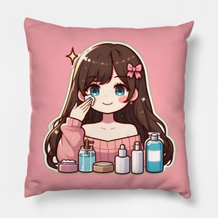 Girl applying skincare cute Pillow