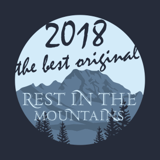 T-shirt with mountains and inscriptions. Clothes for rest. T-Shirt