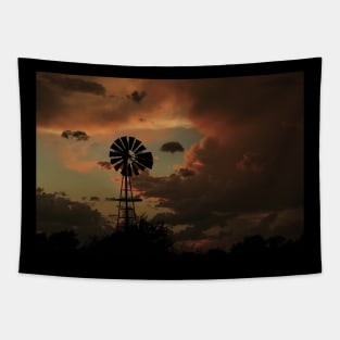 Kansas Stormy night with a Windmill silhouette Tapestry