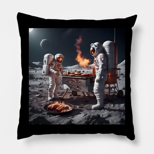 Two astronauts having a BBQ Pillow by Superfunky