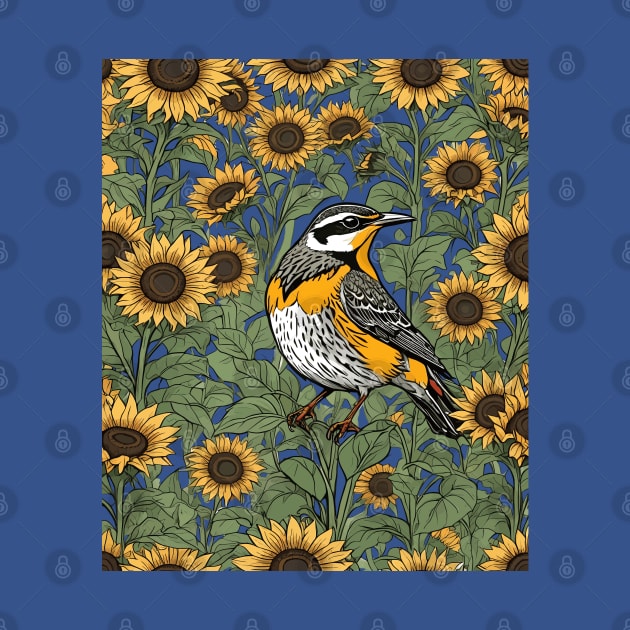 Western Meadowlark Bird Surrounded By Sunflowers by taiche