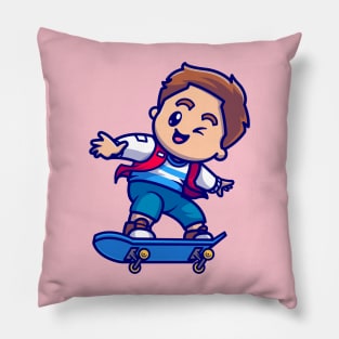 Cute Boy Playing With Skateboard Cartoon Pillow