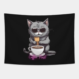 Funny "Coffee First" coffee drinking kitten Tapestry