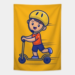 Cute Boy Playing Scooter Electric Tapestry