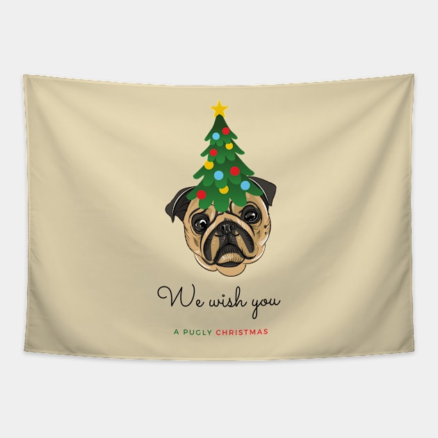 We Wish You a Pugly Christmas Pug Dog with Festive Tree on its Head Tapestry by Seasonal Dogs