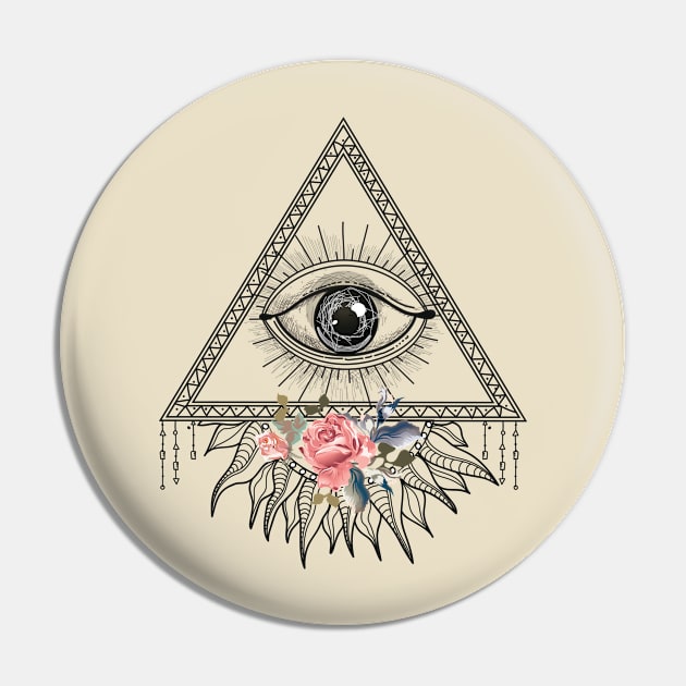 Boho Flowers and Eye Art Pin by BWXshirts