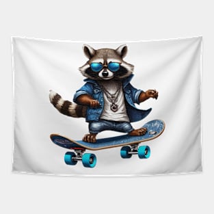 a racoon riding a skateboard wearing sunglasses Tapestry