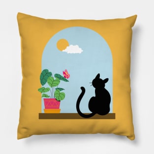 Minimalistic Illustration of Cat Sitting Boho Aesthetic Pillow