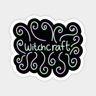 Spooky Witchcraft Lettering and Swirls in Green and Purple, on a Black Backdrop, made by EndlessEmporium Magnet