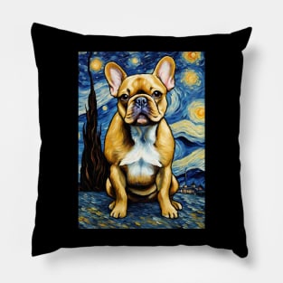 French Bulldog Dog Breed in a Van Gogh Starry Night Art Style Pillow