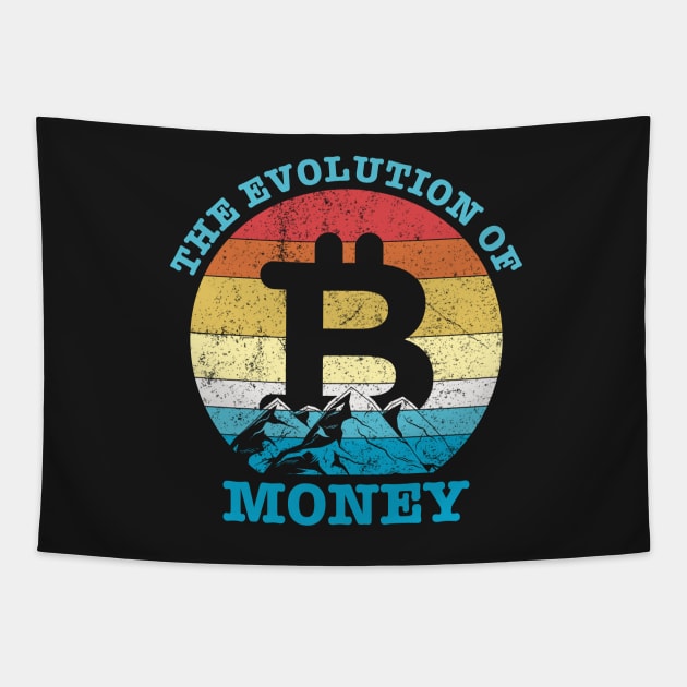 Bitcoin Crypto Retro Vintage Logo The Evolution of Money Cryptocurrency T-Shirt Tapestry by saxsouth