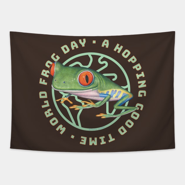 Cute and Funny Red Eyed Tree Frog having a world froggy day having a good time tee Tapestry by Danny Gordon Art