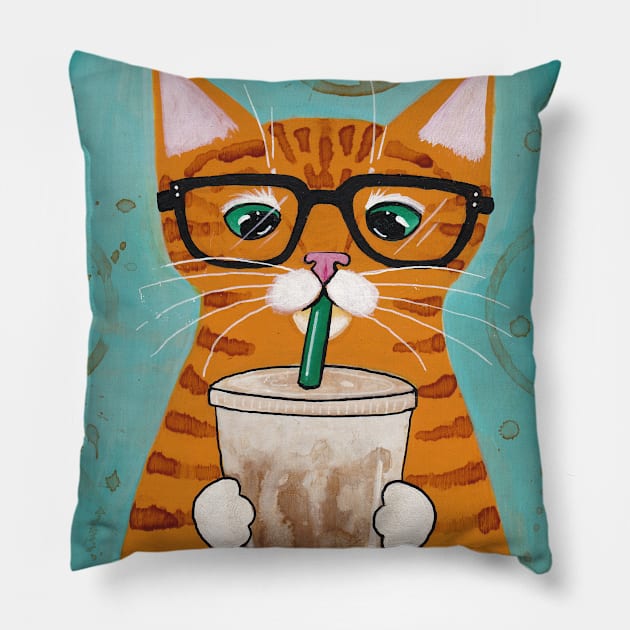 Ginger Tabby With Iced Coffee Pillow by KilkennyCat Art