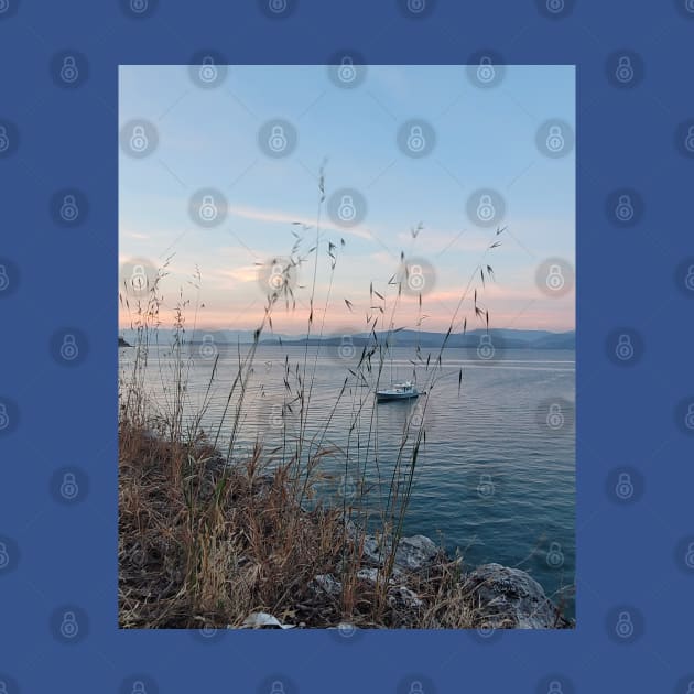 Serene Ocean Sunset: Boat Amidst Weeds by HFGJewels