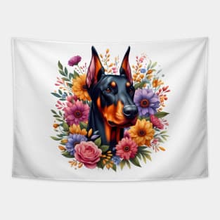 A doberman with beautiful colorful flowers Tapestry