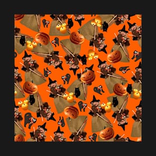 Doll Witch Black Cat and Pumpkins Tossed on Orange Repeat 5748 T-Shirt