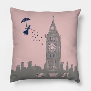 Mary Poppins Flying over Big Ben Linocut in Pink and Grey Pillow
