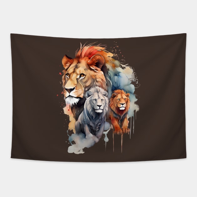 Elegant watercolor silhouettes of lions Tapestry by LuminaCanvas