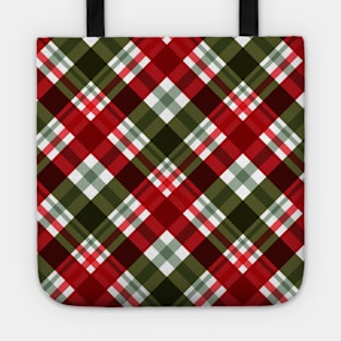 Red Cream and Green checked Tartan diagonal Plaid Pattern Tote