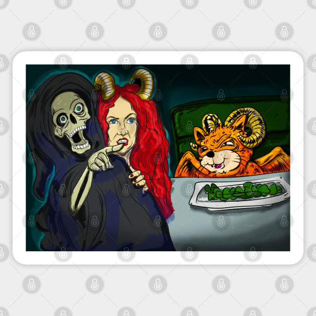 Halloween Grim Reaper yelling about a certain Devil Kitty Cat - Cat Meme Woman Yelling At Table Dinner - Sticker | TeePublic Halloween Grim Reaper yelling about a certain Devil Kitty Cat - Cat Meme Woman Yelling At Table Dinner - Sticker | TeePublic