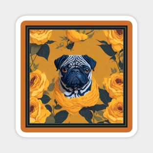 Dogs, pug and flowers, dog, style vector (yellow version pug) Magnet