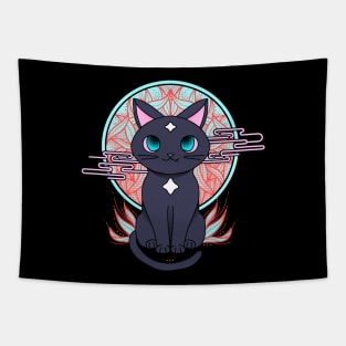 Cute anime black cat illustration with white stars. Cyberpunk manga cat. Tapestry
