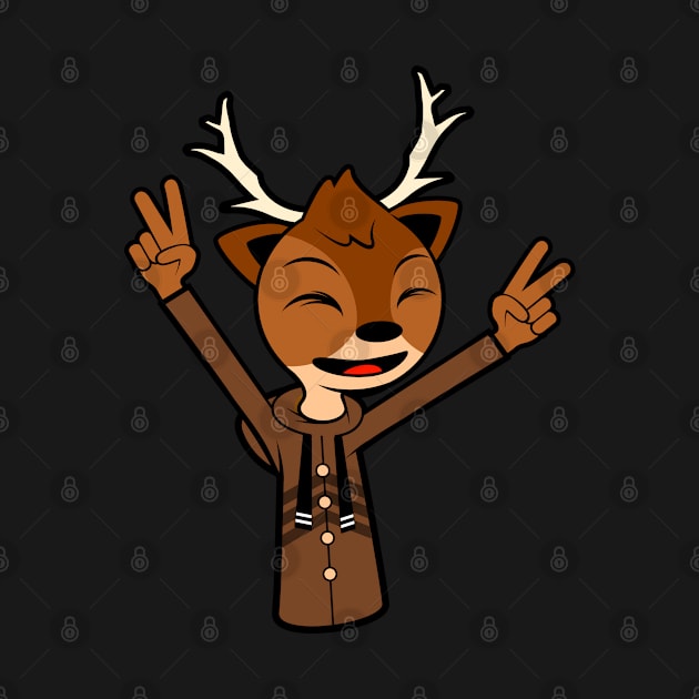 Happy Reindeer With Two Raised Peace Hand Signs by MOULE