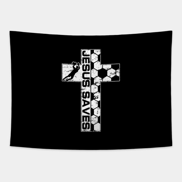 Jesus Saves Christian Cross Soccer Goalie Goalkeeper Tapestry by TeeCreations