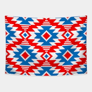 Tribal Aztec Native Ornament - White Medium Cyan Blue Red - Ethnic Amulet Boho Pattern Tapestry