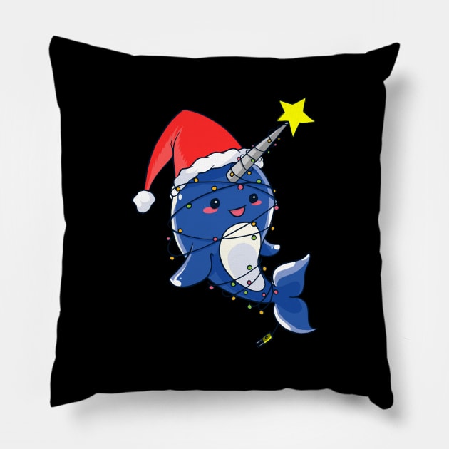 Christmas Narwhale or Unicorn Dolphin with Christmas Lights Pillow by jonathanptk
