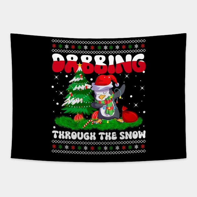 Dabbing Through The Snow Penguin Dab Dance Christmas Lights Tapestry by wonderws