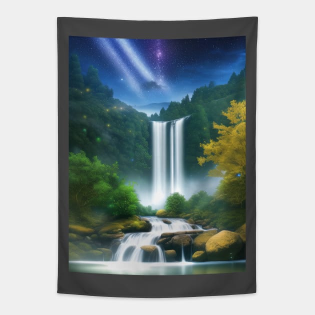 forest waterfall under starry sky Tapestry by Vermillionwolf