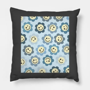 Blue Flower Happy Faces Pillow