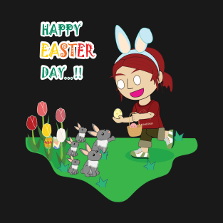 Happy easter's day, Bunny easter, Red hair girl get the easter egg from rabbit family, Rabbit easter family, Cute girl, Red hair girl, cute bunny, rabbit lover. T-Shirt