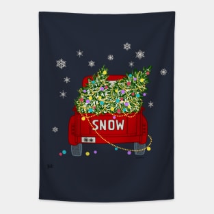 Decorated Christmas Trees on Red Old Truck Snowing Tapestry