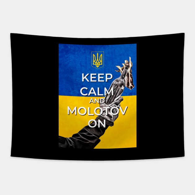 Keep Calm and Molotov On - Ukrainian Flag and Coat Of Arms Tapestry by warishellstore