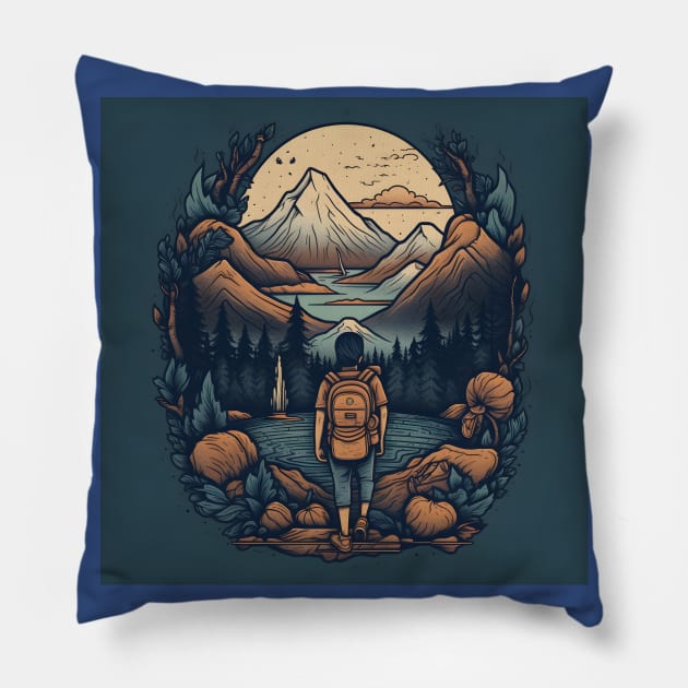 Backpacking Hiking Wanderlust Pillow by Grassroots Green