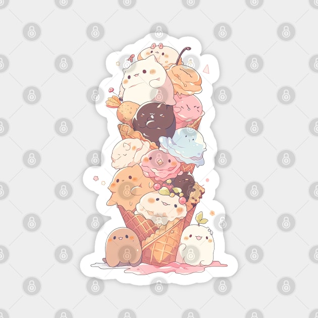 Foodiies Collection - The Happy Cuddling Double Ice Cream Cone | Kawaii Aesthetic Anime Food Design | PROUD OTAKU Magnet by PROUD OTAKU