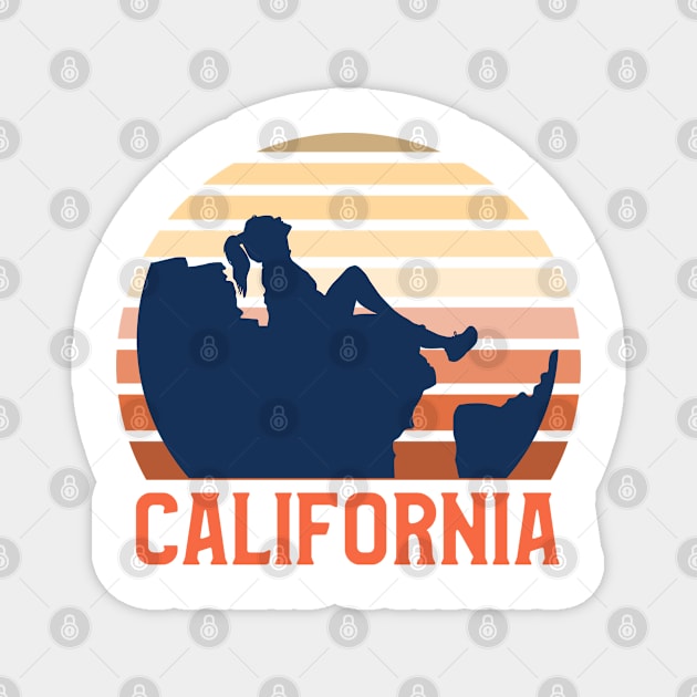 California Sunset, Orange and Blue Sun, Gift for sunset lovers T-shirt, Camper girl on the edge of a rock Magnet by AbsurdStore