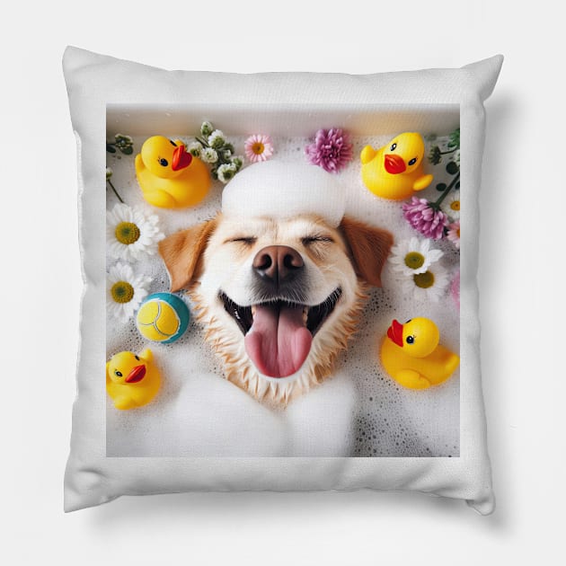 very happy dog laid back and relaxing in the bubble bath Pillow by clearviewstock