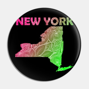 Colorful mandala art map of New York with text in pink and green Pin