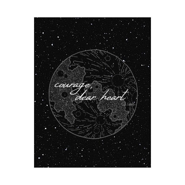 courage, dear heart- C.S. Lewis quote in starry night with moon illustration by Faeblehoarder