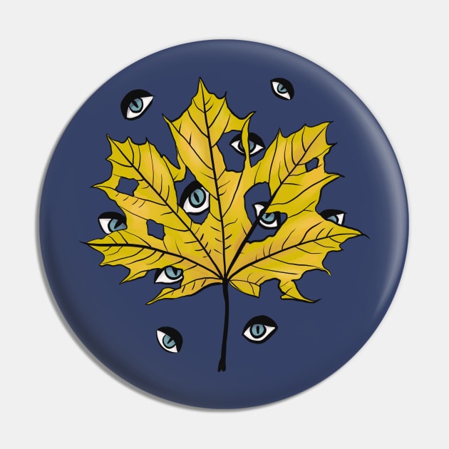 Yellow Leaf Witchy Creepy Eyes Pattern Pin by Boriana Giormova