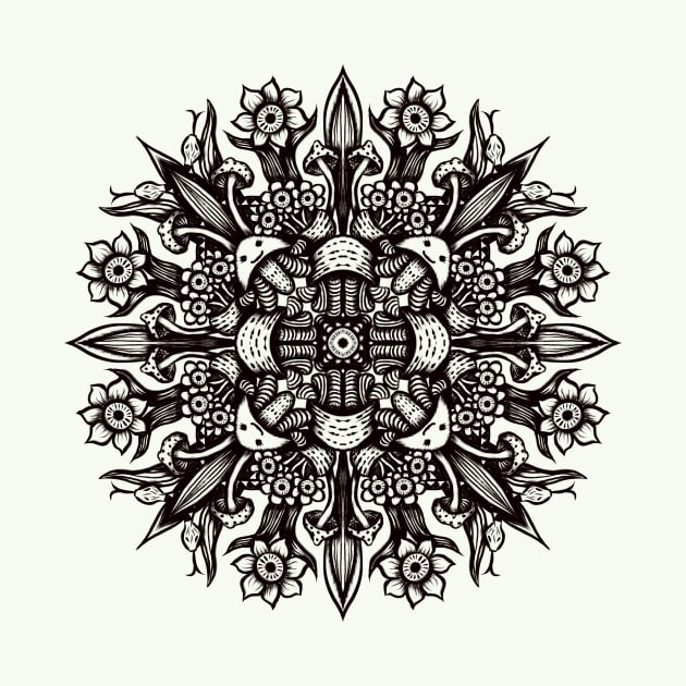 Trippy black and white psychedelic abstract mandala by Boriana Giormova