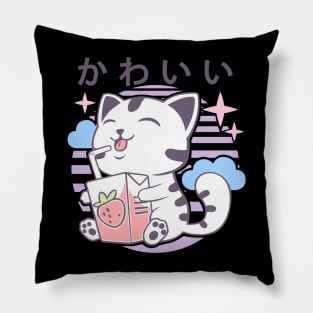 Kawaii Aesthetics Japanese Strawberry Milk Shake かわいい Cat - Violet - Strawberry Milk Pillow