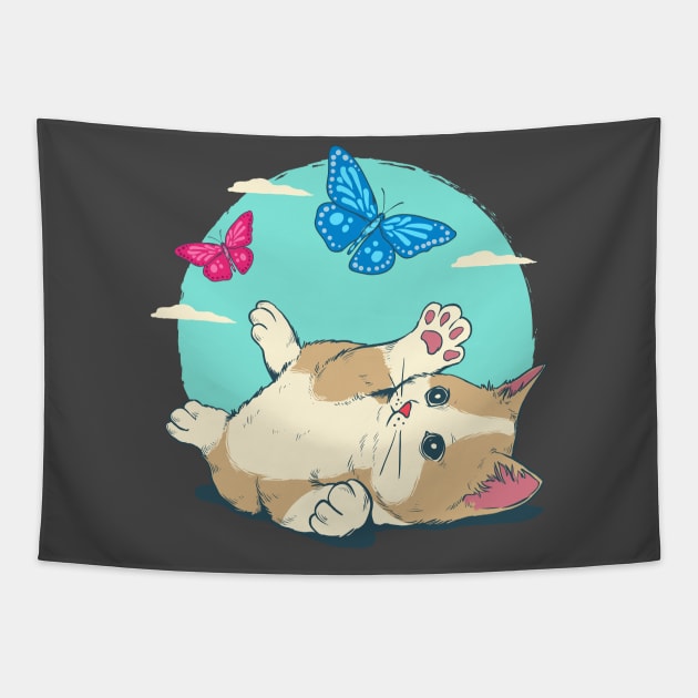 Cute cat play with butterfly Tapestry by sharukhdesign