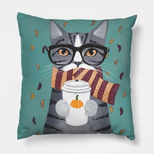 Grey Tabby Autumn Coffee Cat Pillow