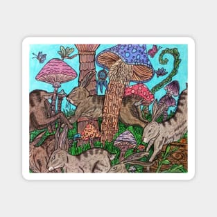 Rabbits Running Through Mushroom Forest Magnet