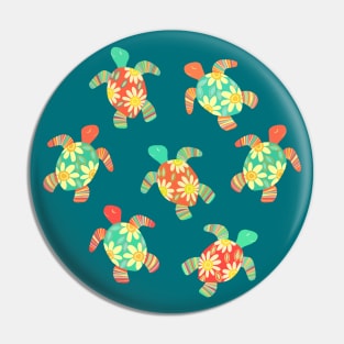 Cute Flower Child Hippy Turtles on Dark Pin