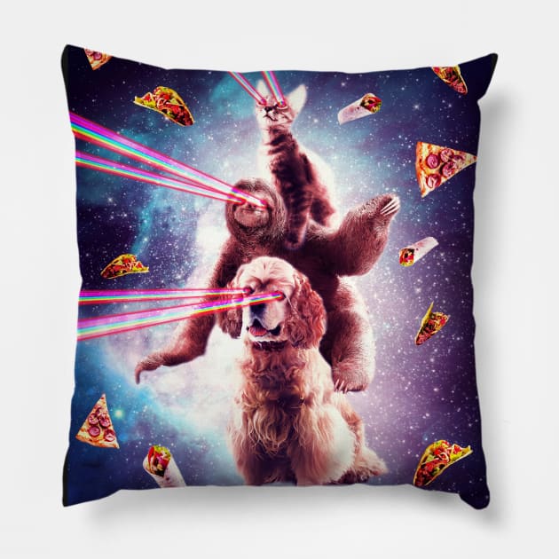 Laser Eyes Space Cat Riding Sloth, Dog - Rainbow Pillow by Random Galaxy